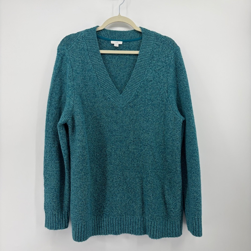 J. Jill Womens L Teal Blue V-Neck Sweater Marled Textured Knit Pullover